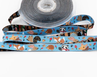 Woodland Animals on Light Blue Jacquard Ribbon from France - 5/8-inch wide (15 mm) - per yard length