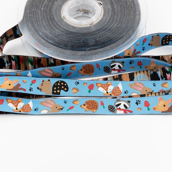 Woodland Animals on Light Blue Jacquard Ribbon from France - 5/8-inch wide (15 mm) - per yard length