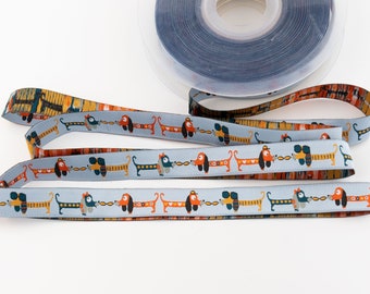 Cool Dogs (Dachshunds) on Light Blue Jacquard Ribbon from France - 5/8-inch wide (15 mm) - per yard length