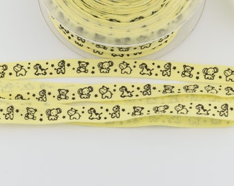 3 yards of Printed Light Yellow Baby Animals Ribbon from France - 3/8-inch wide (10 mm)