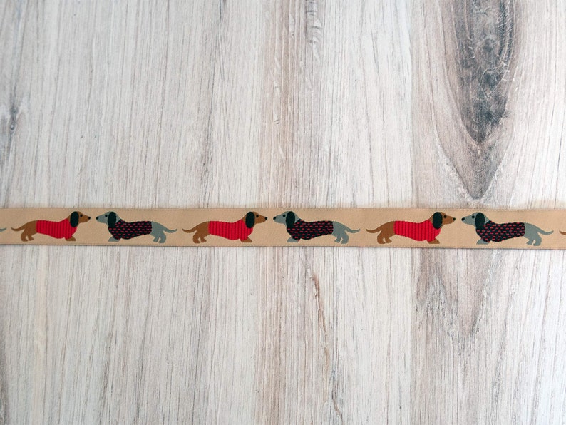 Dachshunds in Sweaters on Tan Jacquard Ribbon 7/8-inch 22 mm wide per yard length image 4