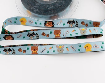 Assorted Animals on Light Blue Jacquard Ribbon from France - 5/8-inch wide (15 mm) - per yard length