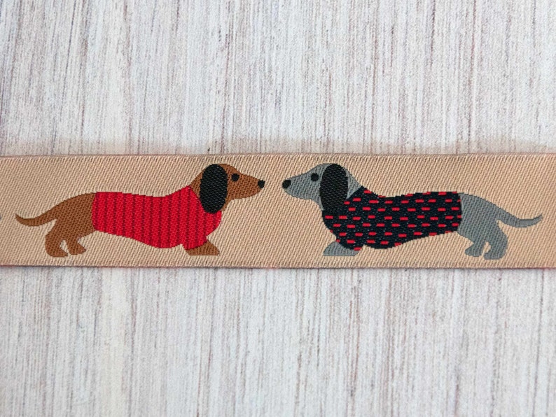 Dachshunds in Sweaters on Tan Jacquard Ribbon 7/8-inch 22 mm wide per yard length image 6