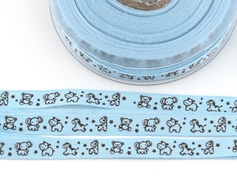 3 yards of Printed Light Blue Baby Animals Ribbon from France - 3/8-inch wide (10 mm)