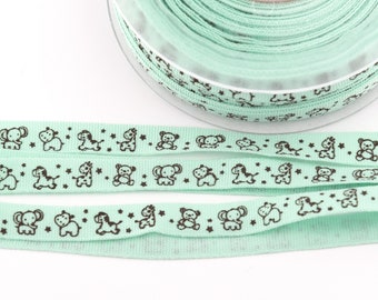 3 yards of Printed Mint Green Baby Animals Ribbon from France - 3/8-inch wide (10 mm)