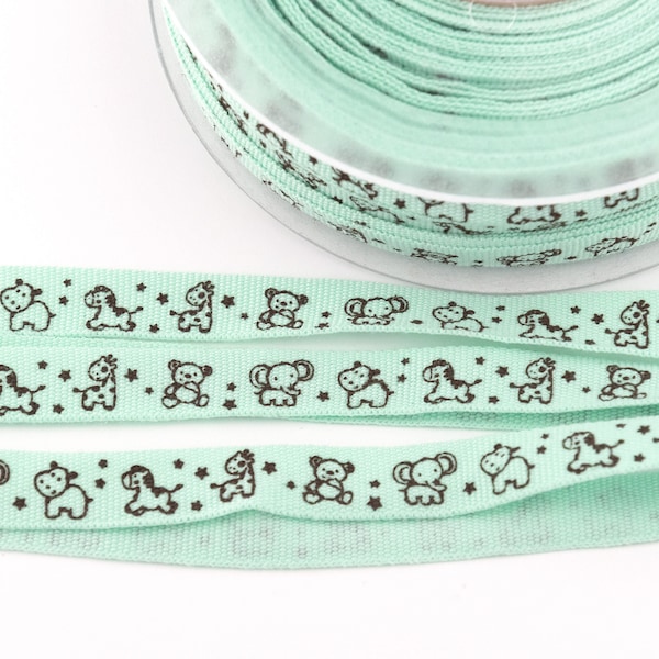 3 yards of Printed Mint Green Baby Animals Ribbon from France - 3/8-inch wide (10 mm)