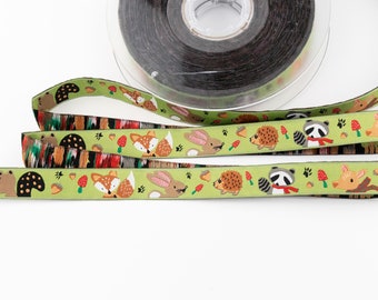 Woodland Animals on Bright Green Jacquard Ribbon from France - 5/8-inch wide (15 mm) - per yard length