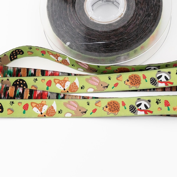 Woodland Animals on Bright Green Jacquard Ribbon from France - 5/8-inch wide (15 mm) - per yard length