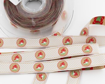 White-Spotted Red Mushrooms on a background of Tan Dots on Ecru Jacquard Ribbon from France - 11/16-inch wide (18 mm) - per yard length