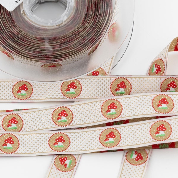 White-Spotted Red Mushrooms on a background of Tan Dots on Ecru Jacquard Ribbon from France - 11/16-inch wide (18 mm) - per yard length