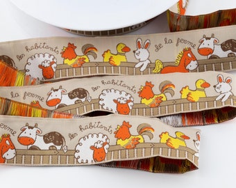 Farm Animals on Tan Jacquard Ribbon from France - 1 5/16-inches wide (35 mm) - per yard length