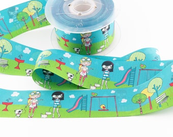 Fashionable Girls Walking Dogs at the Park Ribbon from France - 1 7/8-inches wide (48 mm) - per yard length