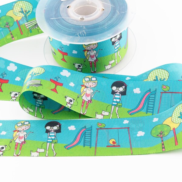 Fashionable Girls Walking Dogs at the Park Ribbon from France - 1 7/8-inches wide (48 mm) - per yard length