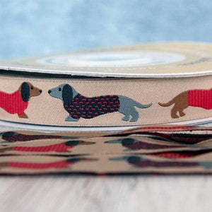 Dachshunds in Sweaters on Tan Jacquard Ribbon 7/8-inch 22 mm wide per yard length image 1