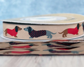 Dachshunds in Sweaters on Tan Jacquard Ribbon - 7/8-inch (22 mm) wide - per yard length