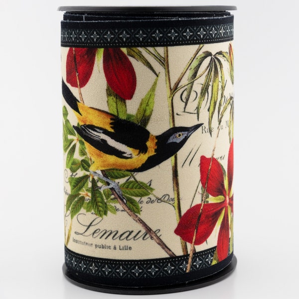 Exotic Birds Label French Designer Velvet Ribbon by Trolez Gwenaëlle Créations - 5 inches wide - per 1/2 meter (19.69 inches) length