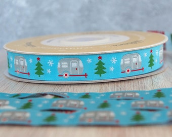 Holiday Campers on Light Blue Jacquard Ribbon - 7/8-inch (22 mm) wide - per one yard length