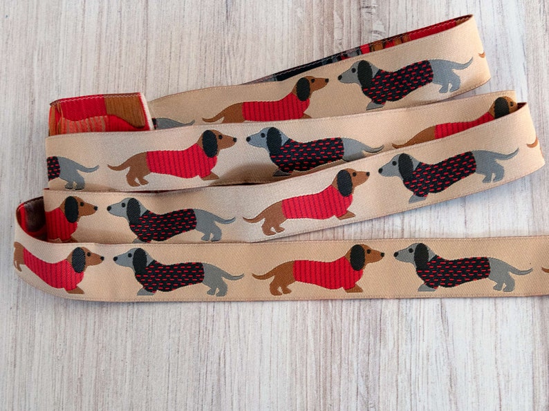 Dachshunds in Sweaters on Tan Jacquard Ribbon 7/8-inch 22 mm wide per yard length image 3