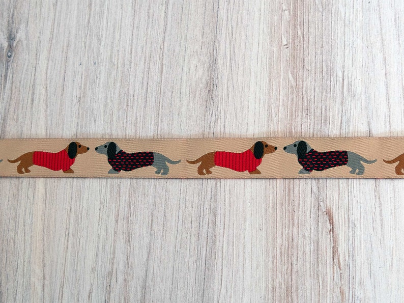 Dachshunds in Sweaters on Tan Jacquard Ribbon 7/8-inch 22 mm wide per yard length image 5