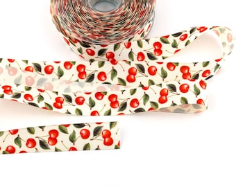 3 yards of Red and Green Cherries on Off-White Printed Ribbon from France - 1-inch wide (25 mm)