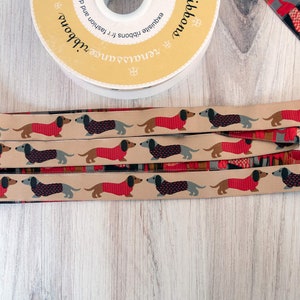 Dachshunds in Sweaters on Tan Jacquard Ribbon 7/8-inch 22 mm wide per yard length image 2