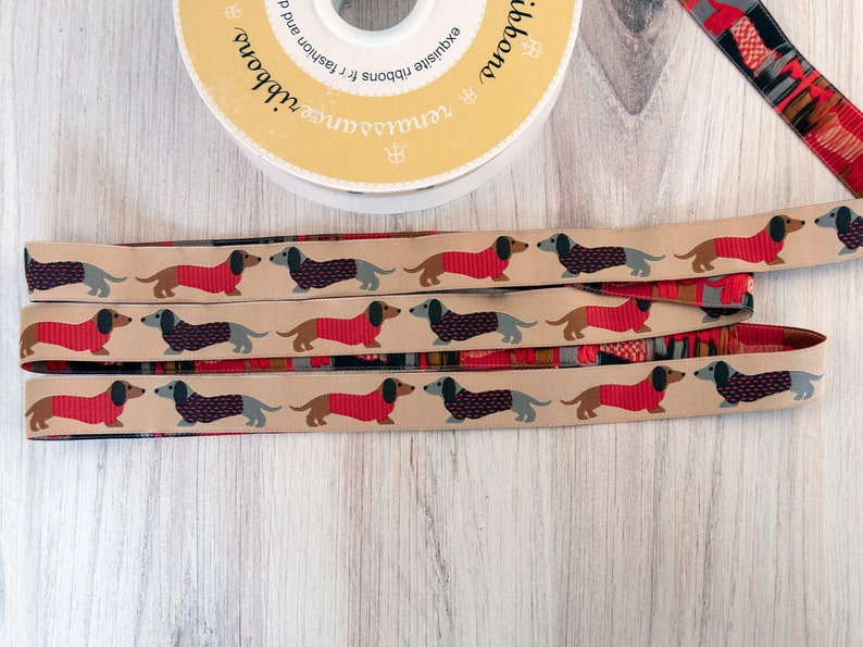 Dachshunds in Sweaters on Tan Jacquard Ribbon 7/8-inch 22 mm wide per yard length image 2