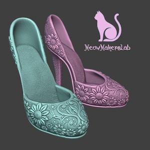May include: Two high-heeled shoes with floral patterns. One shoe is a light teal color, and the other is a mauve color. The shoes have a detailed floral design on the toe and sides. The heels are approximately 4 inches high. The logo "MeowMakersLab" is in the upper right corner.