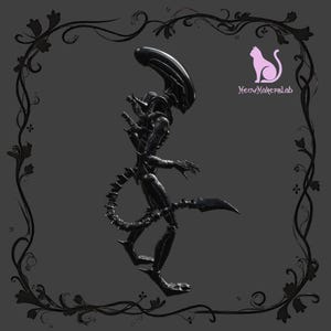 May include: A black Alien figure with a long, segmented tail and a blade-like appendage. The figure has a sleek, biomechanical design, with a large, elongated head. The background is a dark gray, with a decorative floral border and a pink cat logo.