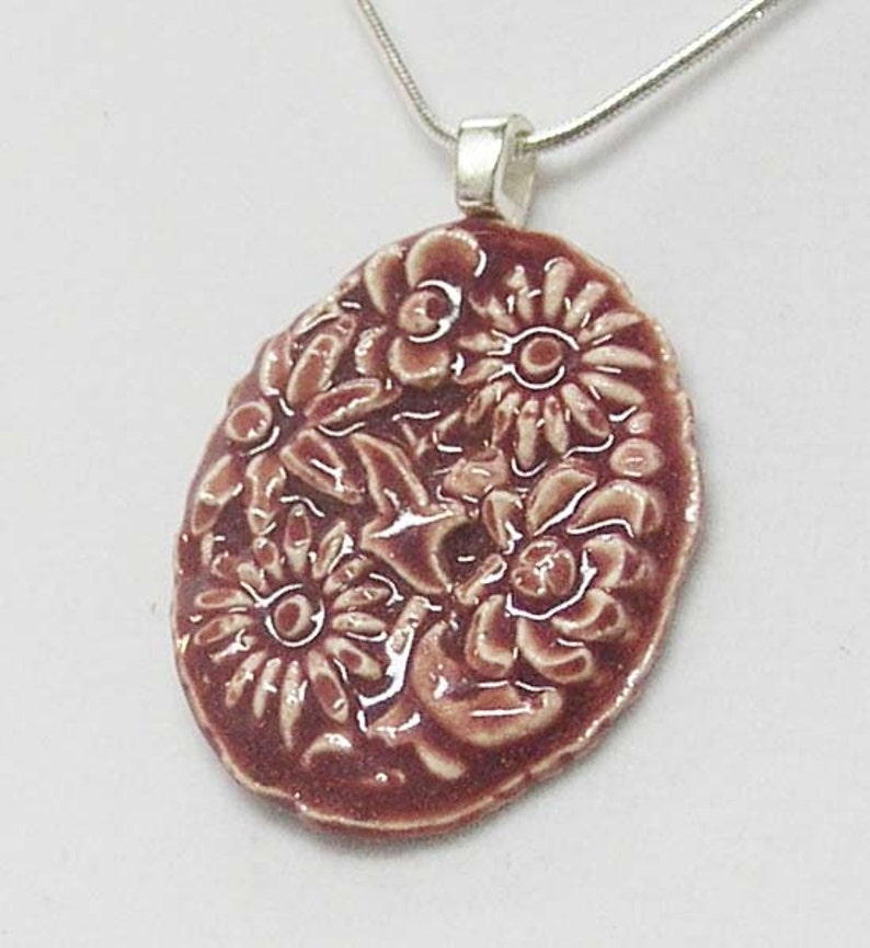 Dark Pink Floral Porcelain Necklace image 1