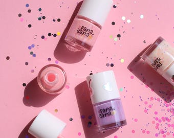 Esmalte de uñas para niños – Mini frascos no tóxicos para niñas / Rosa claro, morado y brillante / Set de uno o tres colores / Seguro, regalo para niños / Pama Dama