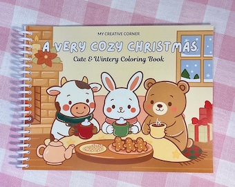 May include: A spiral-bound coloring book titled "A Very Cozy Christmas" with illustrations of a cow, rabbit, and bear enjoying hot drinks. The cover features a cozy winter scene with gingerbread cookies and a fireplace.