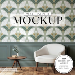 May include: A mockup showcasing a patterned wallpaper with a fan design in green, white, and gold. The text "WALLPAPER MOCKUP" is displayed. A white armchair and a small wooden table with a vase and books are in the foreground.