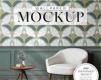 Mockup di carta da parati con poltrona, mockup di interni, mockup di carta da parati con Photoshop, mockup di stanza, mockup modificabile, mockup di parete vuota, carta da parati vuota