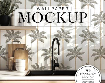 Mockup di carta da parati per cucina, mockup di interni, mockup di carta da parati per Photoshop, mockup di stanza, mockup modificabile, mockup di parete vuota, mockup di motivi