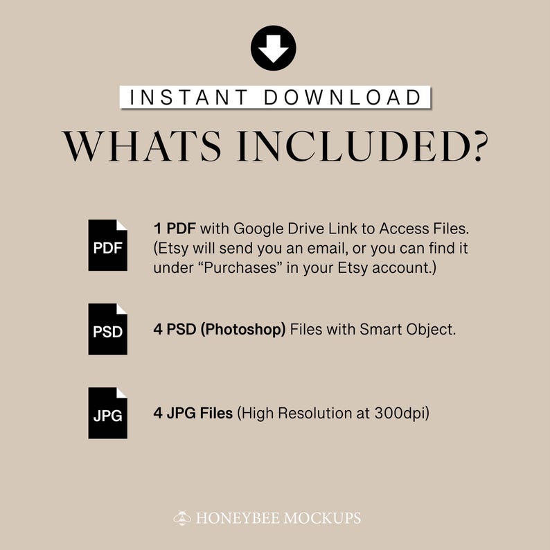 Pu&ograve; includere: Una grafica che mostra cosa &egrave; incluso in un download digitale. La grafica mostra tre icone: un file PDF, un file PSD e un file JPG. Il testo sotto ogni icona descrive il tipo di file e il numero di file inclusi nel download. Il testo include anche informazioni sulla risoluzione dei file JPG e l&rsquo;utilizzo degli oggetti intelligenti nei file PSD.