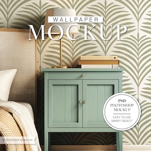 May include: A green nightstand with two doors and a drawer, a gold lamp with a white lampshade, and a stack of books on top. The nightstand is in front of a wall with a green and white wallpaper pattern. The text "WALLPAPER MOCKUP" is at the top of the image. The text "PSD PHOTOSHOP MOCKUP" and "EASY TO USE SMART OBJECT" is in a white circle with a black outline.