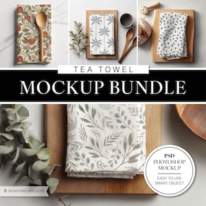 Könnte beinhalten: Ein Mockup-Bundle für Geschirrtücher mit verschiedenen Designs. Ein Handtuch zeigt ein Blumenmuster mit Orangen, ein anderes ein Palmenmuster und ein drittes ein verstreutes schwarzes Muster. Enthält Holzlöffel und Schneidebretter.