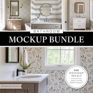 May include: A bathroom mockup bundle with three different wallpaper designs. The designs include a blue and white striped wallpaper, a floral wallpaper, and a geometric wallpaper. The bundle includes a PSD Photoshop mockup with a smart object for easy customization.