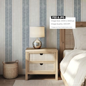 May include: A wooden nightstand with two drawers featuring a woven rattan front. The nightstand has a white lamp with a silver shade and a woven basket on the floor next to it. The nightstand is in front of a bed with a white headboard and white bedding.