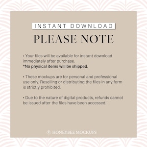 May include: A tan-colored text box with the words "INSTANT DOWNLOAD" and "PLEASE NOTE" in black text. The text box contains information about digital downloads, including that no physical items will be shipped and that refunds cannot be issued after the files have been accessed. The text box is on a background of a white and pink geometric pattern.