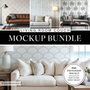 May include: A mockup bundle showcasing living room couches with various wallpaper designs. The image features a brown leather couch, a white couch, and a gray couch. The text "LIVING ROOM COUCH MOCKUP BUNDLE" is displayed. The image also includes the text "PSD PHOTOSHOP MOCKUP EASY TO USE SMART OBJECT".