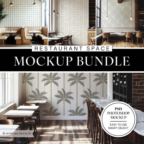 Restaurant Mockup Bundle, Commercial Space Wallpaper Mockup, PSD Wallpaper Mockup, Wall Mockup, Smart Object Mockup, Pattern Mockup