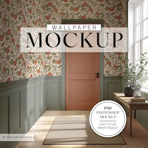 Peut inclure: Intérieur d'une pièce avec une maquette de papier peint. Le papier peint présente un motif de pommes rouges et de feuilles vertes sur un fond crème. La pièce comprend une porte pêche, des boiseries vert sauge et un tapis neutre.