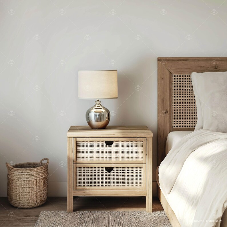 May include: A wooden nightstand with two drawers featuring a woven rattan front. The nightstand has a lamp with a white shade and a silver base. The nightstand is next to a bed with a white headboard and white bedding.