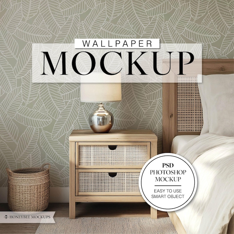 May include: A mockup of a bedroom interior with a green wallpaper featuring a white leaf pattern. The wallpaper is displayed on the wall behind a wooden nightstand with two drawers. A lamp with a white shade and a silver base sits on the nightstand. A wicker basket sits on the floor next to the nightstand. A white bed with a wooden headboard is in the background. The text "WALLPAPER MOCKUP" is displayed at the top of the image. The text "PSD PHOTOSHOP MOCKUP" is displayed in a circle at the bottom right of the image. The text "EASY TO USE SMART OBJECT" is displayed below the circle.