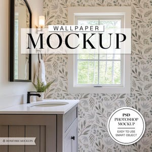 May include: A bathroom mockup featuring a white vanity with a sink and a towel rack. The bathroom has a window and a mirror. The walls are covered in a light gray wallpaper with a floral pattern. The text "WALLPAPER MOCKUP" is displayed at the top of the image. The text "PSD PHOTOSHOP MOCKUP EASY TO USE SMART OBJECT" is displayed in a circle at the bottom right of the image.