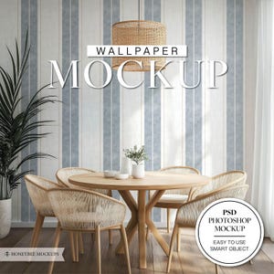 May include: A mockup of a wallpaper design with a striped pattern in shades of blue and white. The wallpaper is displayed in a room with a wooden table and chairs, and a hanging light fixture.