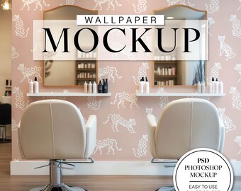 May include: A pink wallpaper mockup with a white leopard print design. Two salon chairs are in front of a vanity with mirrors. The text "WALLPAPER MOCKUP" is at the top of the image. The text "PSD PHOTOSHOP MOCKUP" is at the bottom of the image. The text "EASY TO USE SMART OBJECT" is below the text "PSD PHOTOSHOP MOCKUP".
