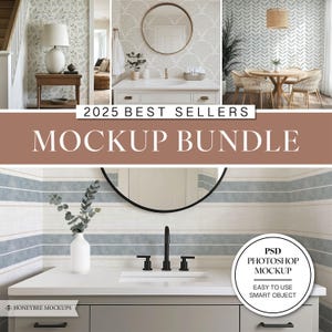 May include: A mockup bundle featuring interior design scenes. The image displays rooms with diverse wallpaper patterns, furniture, and decor. Text on the image reads "2025 BEST SELLERS MOCKUP BUNDLE" and "PSD PHOTOSHOP MOCKUP EASY TO USE SMART OBJECT".
