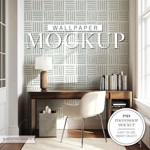 May include: A mockup of a wallpaper design featuring a grey and white geometric pattern. The wallpaper is displayed in a home office setting with a desk, chair, and bookshelves. The text "WALLPAPER MOCKUP" is displayed in white on a grey background.
